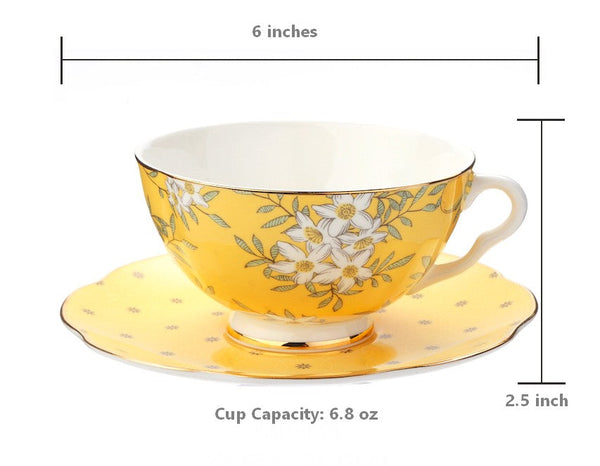 Creative Yellow Ceramic Coffee Cups, Unique Flower Coffee Cup and Saucer, Beautiful British Tea Cups, Creative Porcelain Tea Cup Set-Paintingforhome