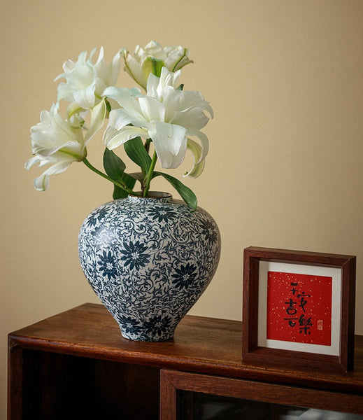 Vintage Bouquet Flower Vases, Centerpiece on Dining Table, Large Blue Flower Vase on Table, Handmade Porcelain Flower Vases Urn, Water Holding Flower Vases-Paintingforhome