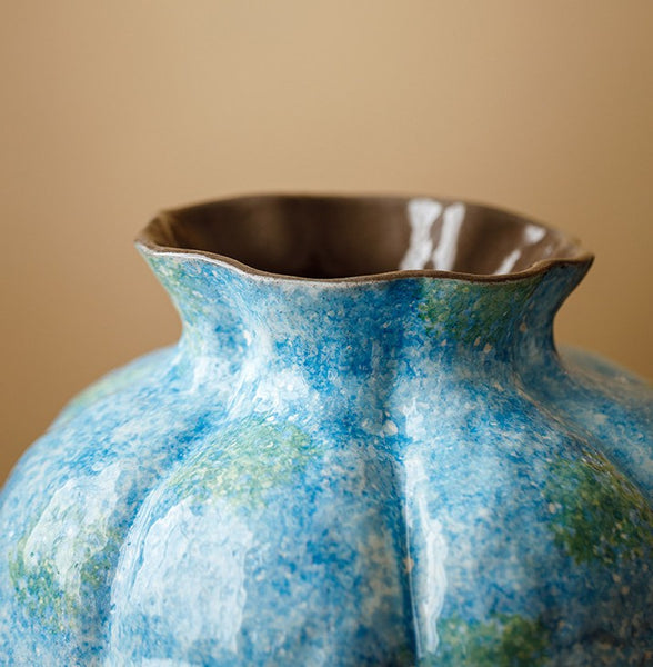 Centerpiece on Dining Table, Blue Flower Vase on Table, Handmade Water Holding Flower Vases, Pottery Flower Vases, Modern Bouquet Flower Vases-Paintingforhome