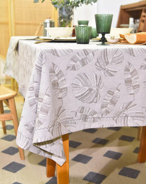 Monstera Leaf Modern Table Cloths for Kitchen, Simple Contemporary Grey Cotton Tablecloth, Large Rectangle Table Covers for Dining Room Table, Square Tablecloth for Round Table-Paintingforhome