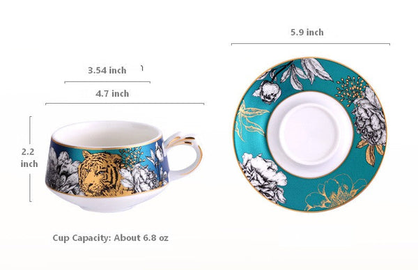 Jungle Tiger Cheetah Porcelain Tea Cups, Creative Ceramic Cup and Saucer, Unique Ceramic Coffee Cups with Gold Trim and Gift Box-Paintingforhome