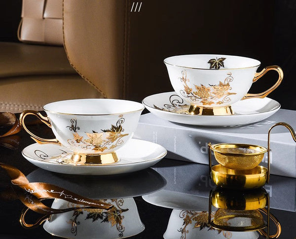 Elegant British Ceramic Coffee Cups, 7.4 oz Golden Leaves and Grapes Porcelain Tea Cup Saucer Set, Unique British Tea Cup and Saucer in Gift Box-Paintingforhome