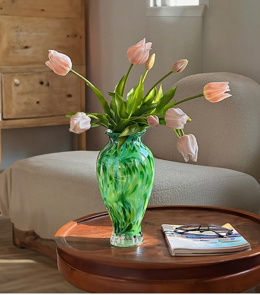 Large Green Glass Flower Vases, Modern Glass Flower Vases, Water Holding Flower Vases, Handmade Flower Vases on Table-Paintingforhome