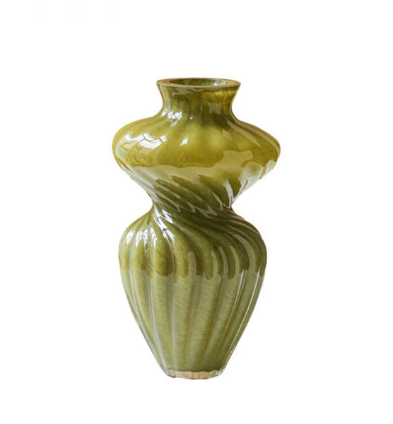 Unique Decorative Glass Vase, Centerpiece Vases on Table, Handmade Contemporary Glass Vases, Modern Green Vases for Living Room, Mid Century Vases for Flowers-Paintingforhome