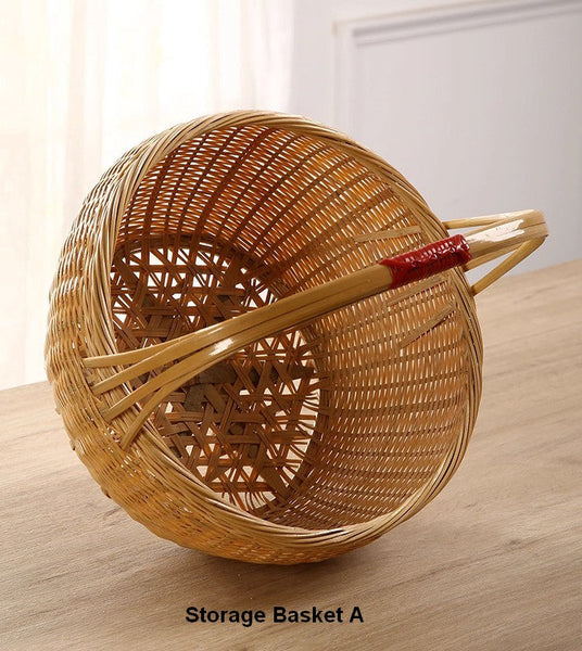 Natural Hand-woven Bamboo Basket, Extra Large Picnic Food Basket with Handle, Lovely Bamboo Baskets for Vegetable, Natural Fruit Basket Kitchen Storage Baskets-Paintingforhome