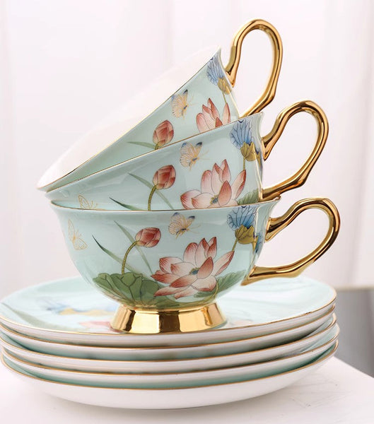 Lotus Flower Porcelain Tea Cup Saucer Set, Unique British Tea Cup and Saucer in Gift Box, Elegant British Ceramic Coffee Cups-Paintingforhome
