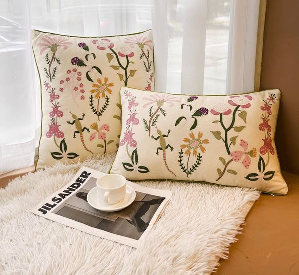 Embroider Flower Cotton Pillow Covers, Spring Flower Decorative Throw Pillows, Farmhouse Sofa Decorative Pillows, Flower Decorative Throw Pillows for Couch-Paintingforhome