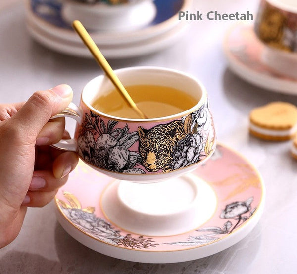 Creative Ceramic Tea Cup and Saucer, Jungle Tiger Cheetah Porcelain Coffee Cups, Unique Ceramic Cups with Gold Trim and Gift Box-Paintingforhome