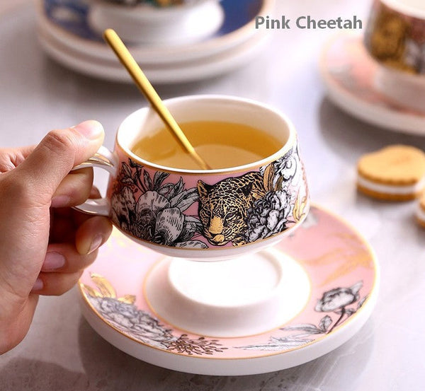 Handmade Ceramic Cups with Gold Trim and Gift Box, Jungle Tiger Cheetah Porcelain Coffee Cups, Creative Ceramic Tea Cup and Saucer-Paintingforhome