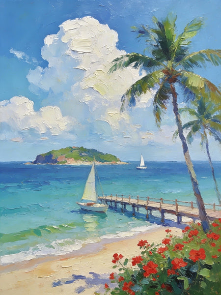 Canvas Paintings, Tropical Beach Retreat, Palm Trees, Sailboats, and Floral Paths, Original Artwork Small Paintings, Hand Painted Canvas Art, On Canvas Small Paintings, Palette Knife Artwork, Landscape Artwork-Paintingforhome
