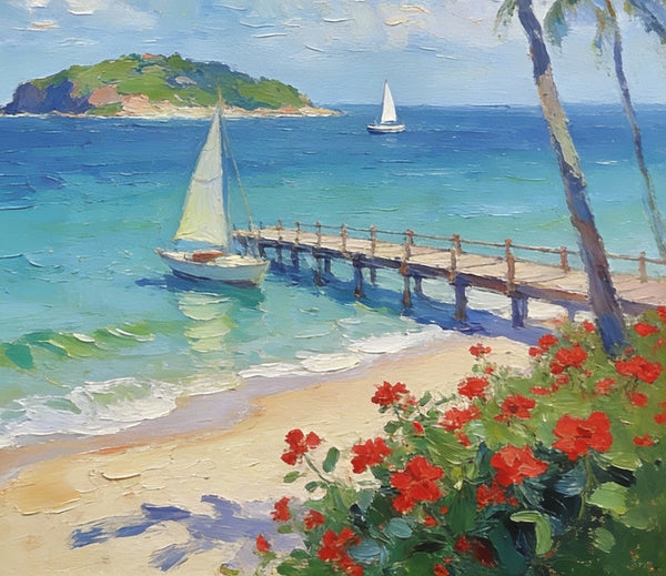 Canvas Paintings, Tropical Beach Retreat, Palm Trees, Sailboats, and Floral Paths, Original Artwork Small Paintings, Hand Painted Canvas Art, On Canvas Small Paintings, Palette Knife Artwork, Landscape Artwork-Paintingforhome