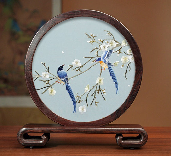 Creative Birthday Gift, Premium Souvenir, Elegant Silk Embroidery Ornaments, Traditional Chinese Suzhou Flower and Birds Silk Embroidery, Exclusive Business Presents-Paintingforhome