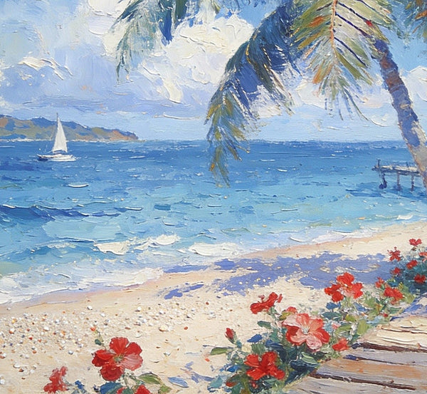 Tropical Beach, Palm, Dock and Sailboat, Original Wall Paintings, Original Artwork Small Paintings, Small Landscape Paintings, On Canvas Small Paintings, Small Canvas Art-Paintingforhome