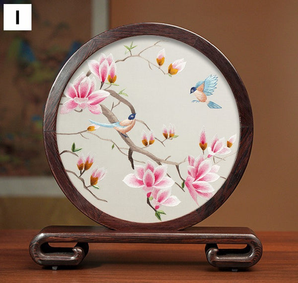 Flower and Bird Embroidery Ornaments, Unique Birthday Gift, Traditional Chinese Suzhou Silk Embroidered Ornament, Premium Souvenir, Exclusive Business Presents-Paintingforhome