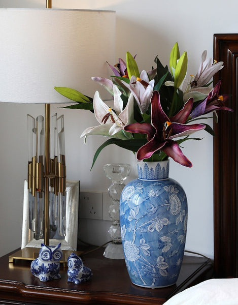 Large Flower Vases on Dining Table, Blue Porcelain Flower Vases, Centerpiece Ceramic Bouquet Vases, Handmade Modern Flower Vase-Paintingforhome