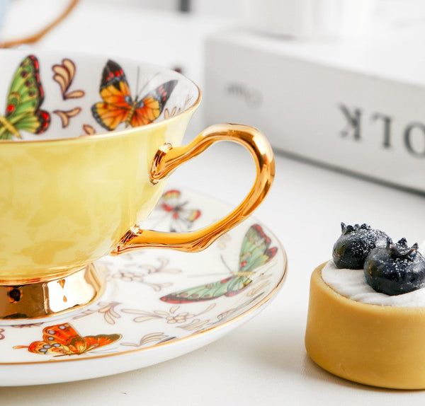 Creative Butterfly Ceramic Coffee Cups, Unique Butterfly Coffee Cup and Saucer, Beautiful British Tea Cups, Creative Porcelain Tea Cup Set-Paintingforhome