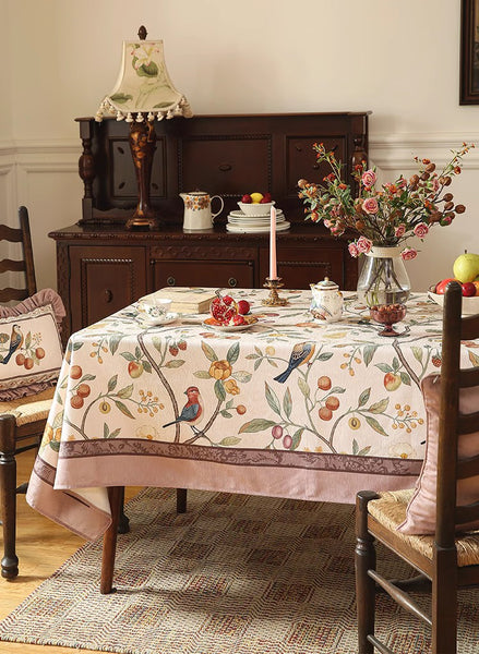Bird and Fruit Tree Kitchen Table Cover, Linen Table Cover for Dining Room Table, Tablecloth for Round Table, Simple Modern Rectangle Tablecloth Ideas for Oval Table-Paintingforhome