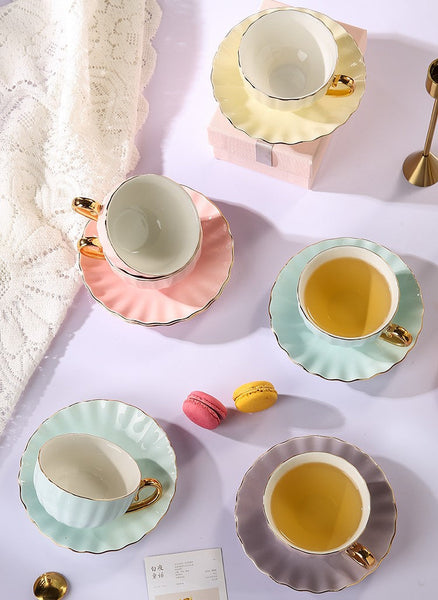 Elegant Macaroon Ceramic Coffee Cups, Beautiful British Tea Cups, Creative Porcelain Tea Cup Saucer Set of 2 Cups, 6.8 oz Tea Cup and Saucer in Gift Box as Birthday Gift-Paintingforhome