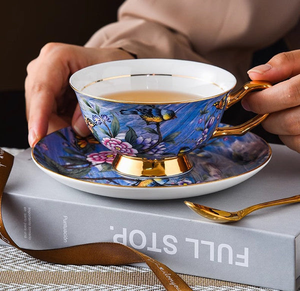 Unique British Tea Cup and Saucer in Gift Box, Blue Bird and Butterfly Porcelain Tea Cup Saucer Set, 7.4 oz British Ceramic Coffee Cups-Paintingforhome