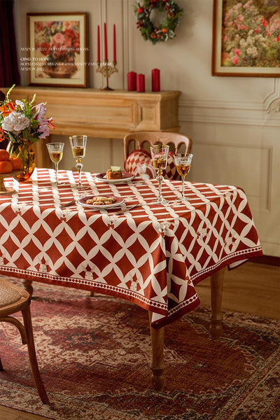 Holiday Red Tablecloth for Dining Table, Rabbit Pattern Table Cover for Dining Room Table, Modern Rectangle Tablecloth for Oval Table-Paintingforhome