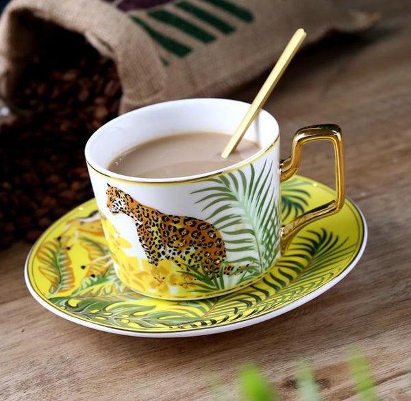 Coffee Cups with Gold Trim and Gift Box, Jungle Leopard Pattern Porcelain Coffee Cups, 7.4 oz Tea Cup and Saucer-Paintingforhome