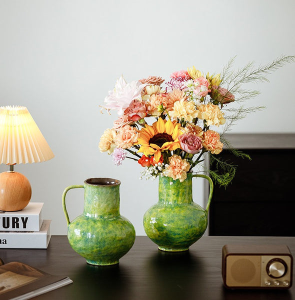 Modern Pottery Flower Vases, Handmade Water Holding Flower Vases, Pottery Bud Vases, Large Green Flower Vases on Table, Centerpiece on Dining Table-Paintingforhome