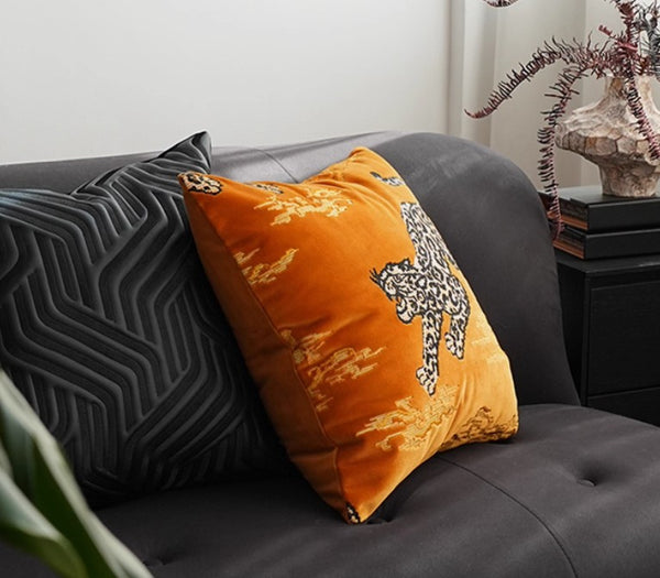 Contemporary Modern Sofa Pillows, Yellow Embroidery Tiger Pattern Pillows for Couch, Decorative Throw Pillows for Bedroom, Large Modern Sofa Pillow for Living Room-Paintingforhome