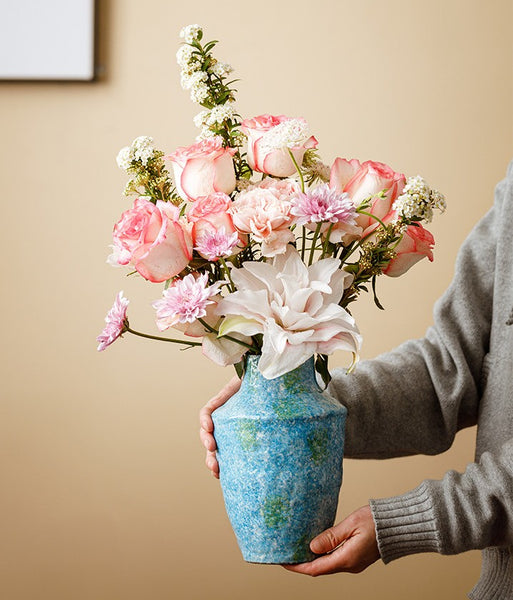 Centerpiece on Dining Table, Blue Flower Vase on Table, Handmade Water Holding Flower Vases, Pottery Flower Vases, Modern Bouquet Flower Vases-Paintingforhome