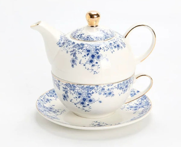 Mother and Baby Teapot with Matching Saucer British Style Porcelain Teapot with Matching Cup and Saucer in Gift Box, Ceramic Tea Pot with Integrated Cup, Stackable Teapot and Cup Set-Paintingforhome