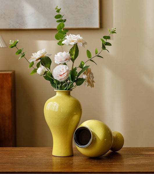 Porcelain Flower Vases, Handmade Water Holding Flower Vase, Yellow Flower Vases on Table, Ceramic Bud Vases-Paintingforhome