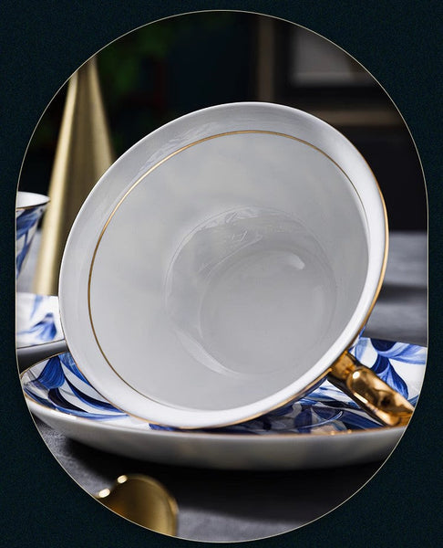 Blue Porcelain Tea Cup Saucer Set, 7.4 oz British Ceramic Coffee Cups, Unique British Tea Cup and Saucer in Gift Box-Paintingforhome