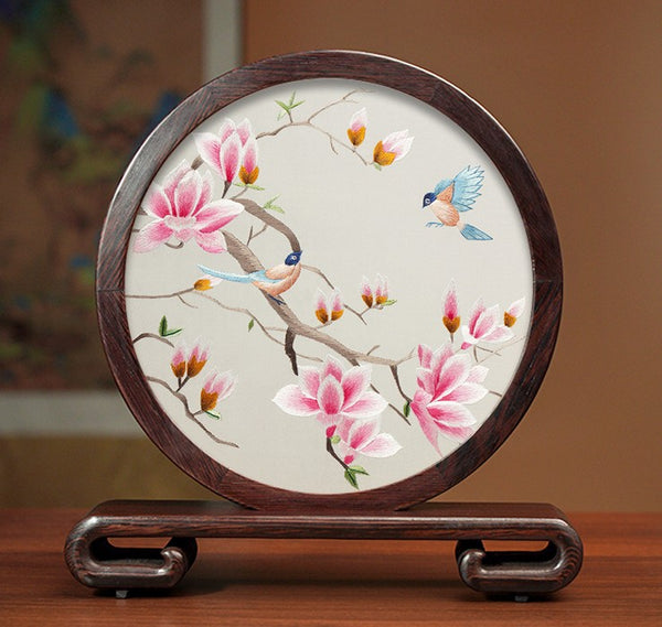 Unique Birthday Gift, Flower and Bird Embroidery Ornaments, Traditional Chinese Suzhou Silk Embroidered Ornament, Premium Souvenir, Exclusive Business Presents-Paintingforhome