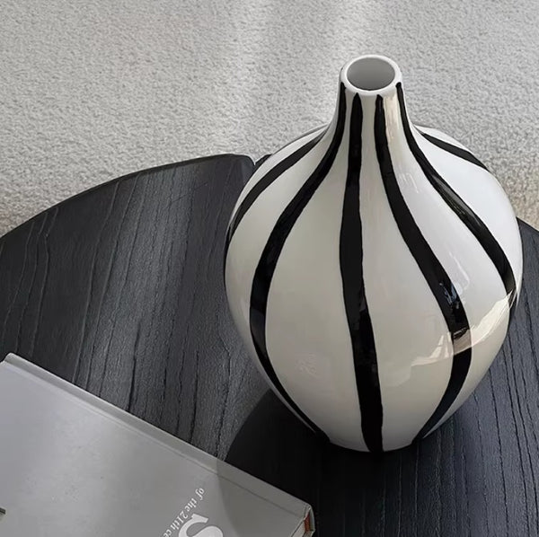 Water Holding Flower Vases, Black and White Striped Ceramic Vase, Porcelain Flower Vases, Modern Flower Vases on Table-Paintingforhome