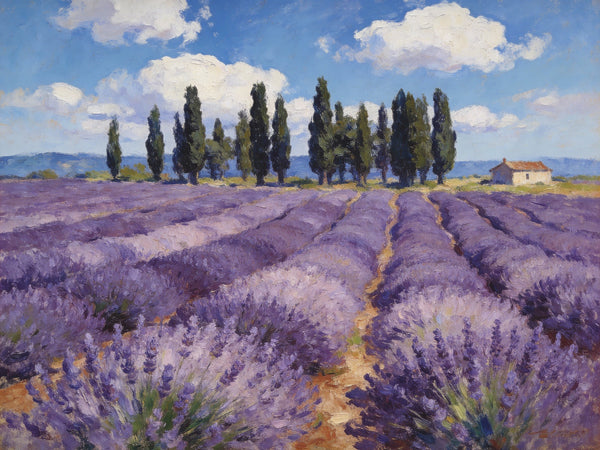 On Canvas Small Paintings, Rural Provence Idyll, Lavender Fields, Trees, and a Cottage, Landscape Canvas Paintings, Simple Painting Ideas, Hand Painted Wall Art, Small Wall Paintings-Paintingforhome