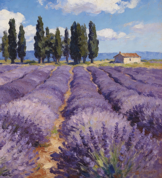 On Canvas Small Paintings, Rural Provence Idyll, Lavender Fields, Trees, and a Cottage, Landscape Canvas Paintings, Simple Painting Ideas, Hand Painted Wall Art, Small Wall Paintings-Paintingforhome