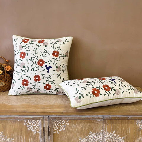 Bird Spring Flower Decorative Throw Pillows, Farmhouse Sofa Decorative Pillows, Embroider Flower Cotton Pillow Covers, Flower Decorative Throw Pillows for Couch-Paintingforhome