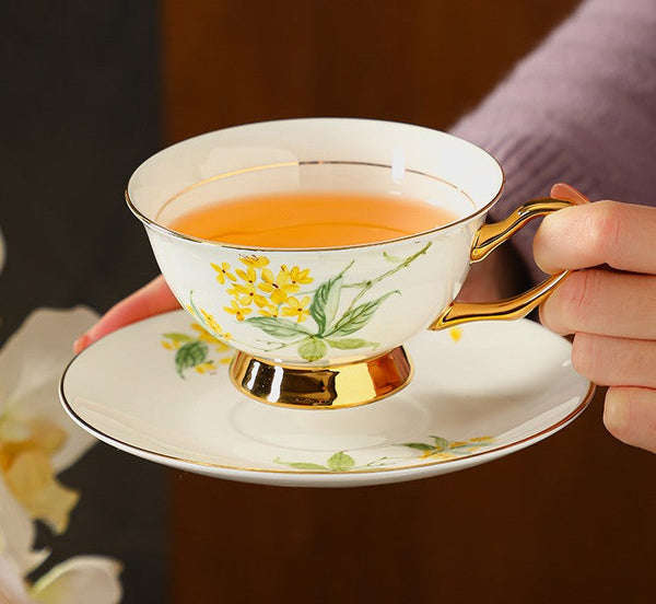 Elegant Floral Ceramic Coffee Cup and Saucer, 7.4 oz Flower Tea Cup and Saucer Set, British Royal Ceramic Tea Cups for Traditional Afternoon Tea, Porcelain Tea Cup and Saucer Set in Gift Box-Paintingforhome