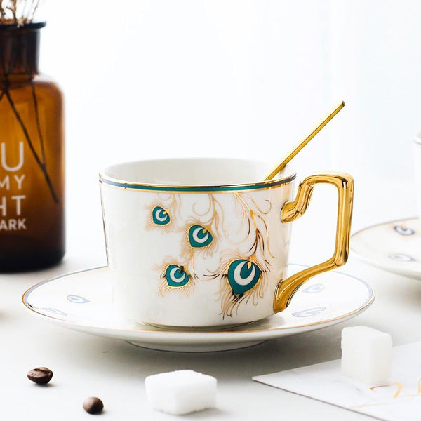 Peacock Tail Pattern Porcelain Coffee Cups, British Tea Cups, Coffee Cups with Gold Trim and Gift Box, Tea Cup and Saucer-Paintingforhome