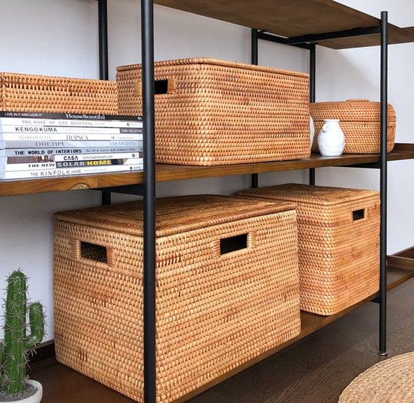 Large Rectangular Storage Baskets for Bathroom, Wicker Storage Basket with Lid, Extra Large Storage Baskets for Clothes, Storage Baskets for Shelves-Paintingforhome