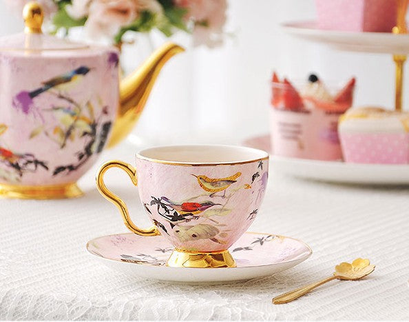 Elegant Pink Ceramic Coffee Cups, Unique Bird Flower Tea Cup and Saucer in Gift Box as Birthday Gift, Beautiful British Tea Cups, Royal Porcelain Tea Cup Set-Paintingforhome