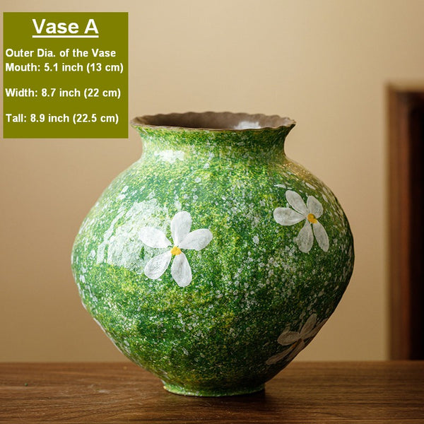 Modern Pottery Flower Vases, Centerpiece on Dining Table, Handmade Water Holding Flower Vases, Pottery Bud Vases, Large Green Flower Vases on Table-Paintingforhome