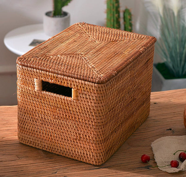 Extra Large Rattan Storage Baskets for Clothes, Rectangular Storage Basket with Lid, Kitchen Storage Baskets, Oversized Storage Baskets for Bedroom-Paintingforhome
