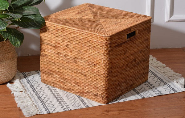 Extra Large Rattan Storage Baskets for Clothes, Rectangular Storage Basket with Lid, Kitchen Storage Baskets, Oversized Storage Baskets for Bedroom-Paintingforhome