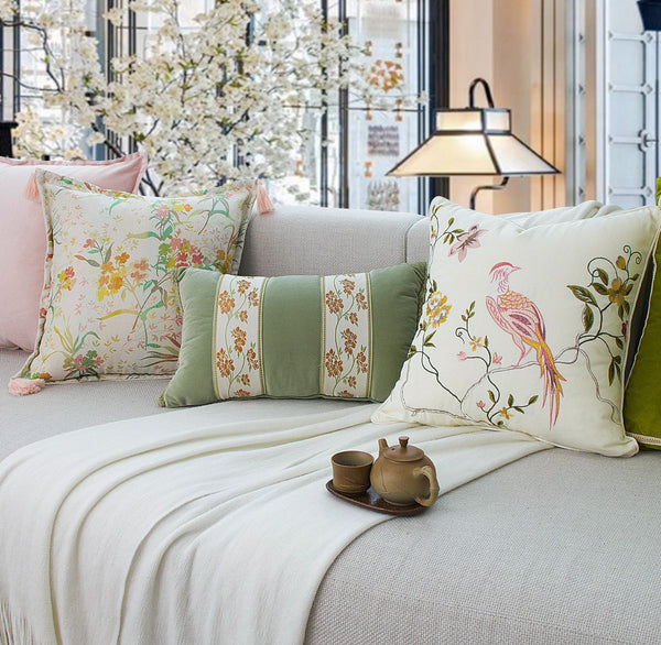 Living Room Decorative Pillows, Modern Decorative Cushions, Decorative Pillows for Bed, Decorative Pillow Arrangement Ideas for Interior Design, Embroidered Floral Bird Pattern Pillow Covers-Paintingforhome