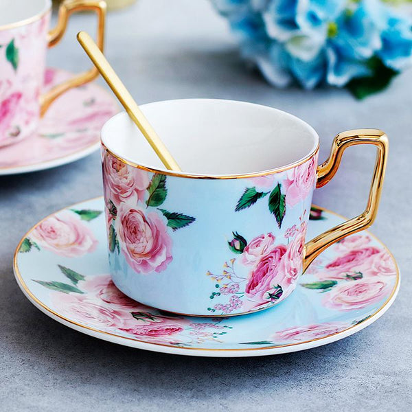 Porcelain Coffee Cups, British Tea Cups, Yellow Coffee Cups with Gold Trim and Gift Box, Rose Flower Tea Cup and Saucer, Latte Coffee Cups-Paintingforhome