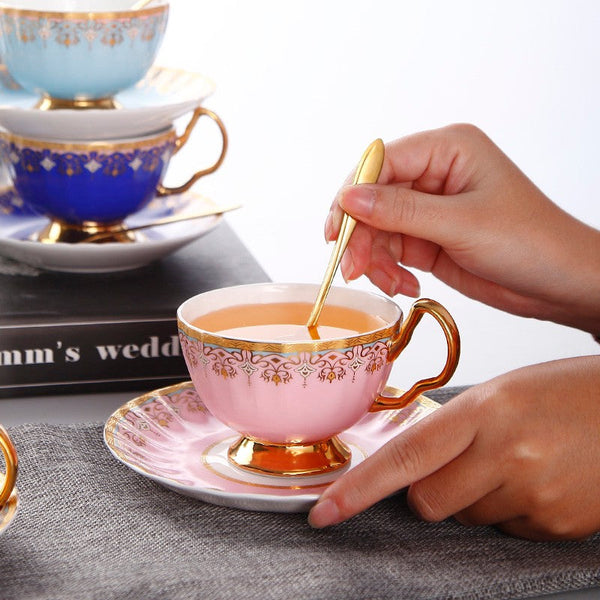 Unique British Tea Cup and Saucer in Gift Box, Pink Blue White Porcelain Tea Cup Saucer Set, Elegant British Ceramic Coffee Cups for Traditional Afternoon Tea-Paintingforhome