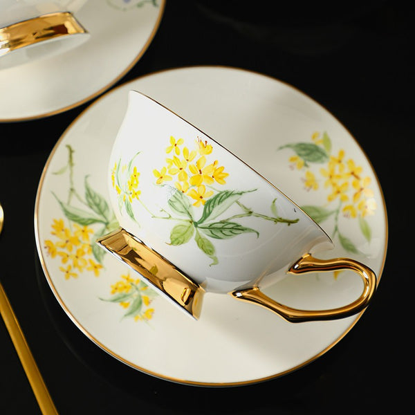 Elegant Floral Ceramic Coffee Cup and Saucer, 7.4 oz Flower Tea Cup and Saucer Set, British Royal Ceramic Tea Cups for Traditional Afternoon Tea, Porcelain Tea Cup and Saucer Set in Gift Box-Paintingforhome