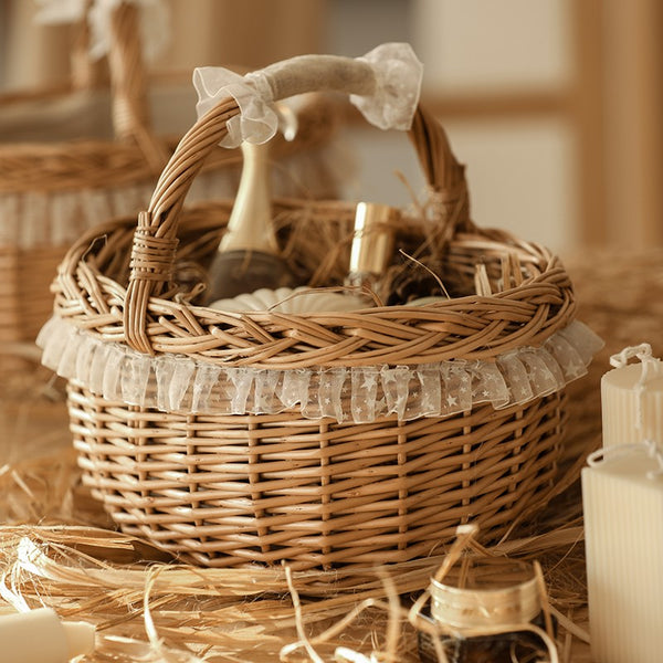 Storage Basket for Kitchen, Picnic Storage Basket with Handle, Hand-woven Wicker Storage Basket, Natural Fruit Basket, Willow Weaving Baskets for Shelves-Paintingforhome