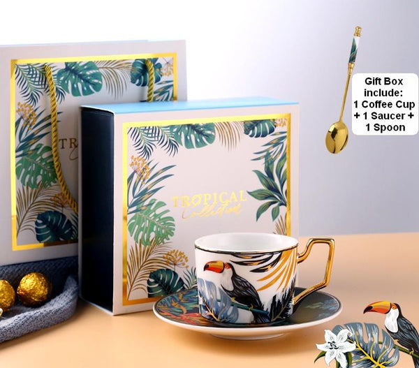 Elegant Tea Cup and Saucer, Jungle Toucan Pattern Porcelain Coffee Cups, 7.4 oz Coffee Cups with Gold Trim and Gift Box-Paintingforhome