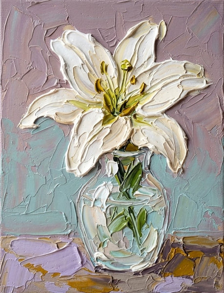 Hand Painted Canvas Art, Original Flower Paintings, Impasto Lily in Glass Vase, Original Oil Paintings, Small Canvas Artwork, Impasto Canvas Artwork